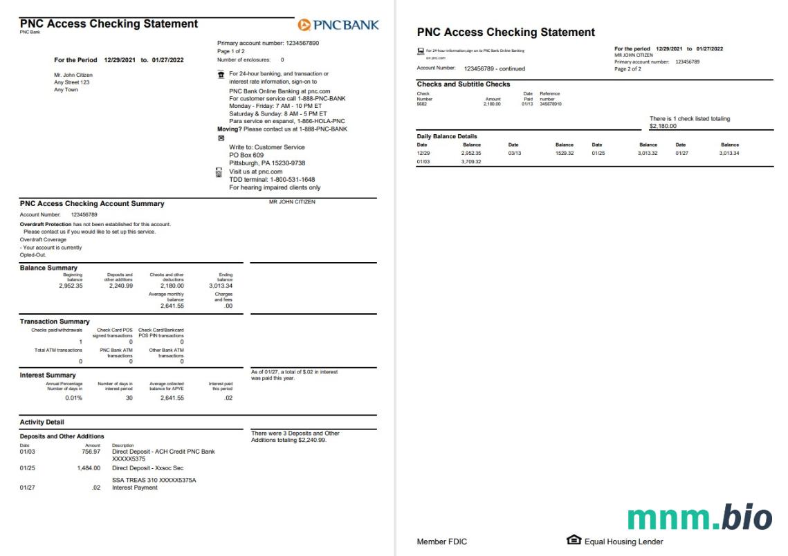 USA PNC bank dowód adresu szablon oświadczenia w formacie Word i PDF